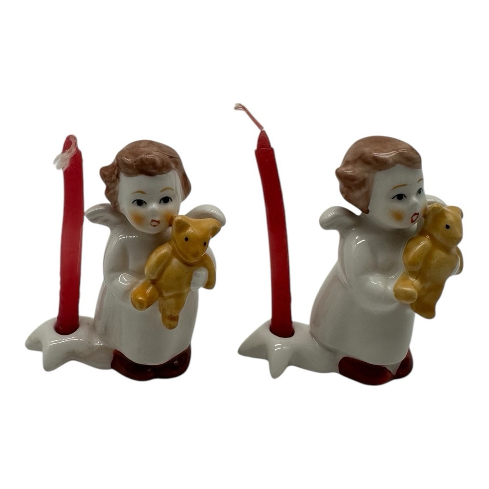 Pair of Vintage Goebel Christmas Candle Holders Angel w/ Teddy Bear 2.5" Tall #2